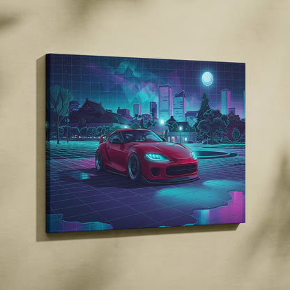 Toyota Supra MK5 Inspired Red Teal Canvas Wall Art Vaporwave JDM Sports Car Artwork Neon City Garage Decor Retro Futuristic Night Print