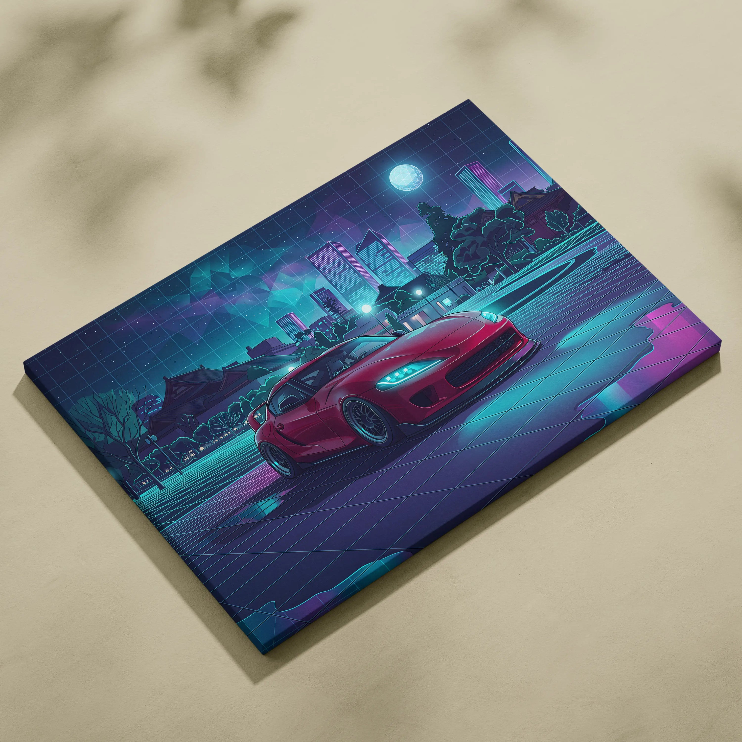 Toyota Supra MK5 Inspired Red Teal Canvas Wall Art Vaporwave JDM Sports Car Artwork Neon City Garage Decor Retro Futuristic Night Print
