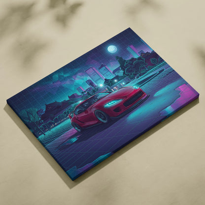 Toyota Supra MK5 Inspired Red Teal Canvas Wall Art Vaporwave JDM Sports Car Artwork Neon City Garage Decor Retro Futuristic Night Print