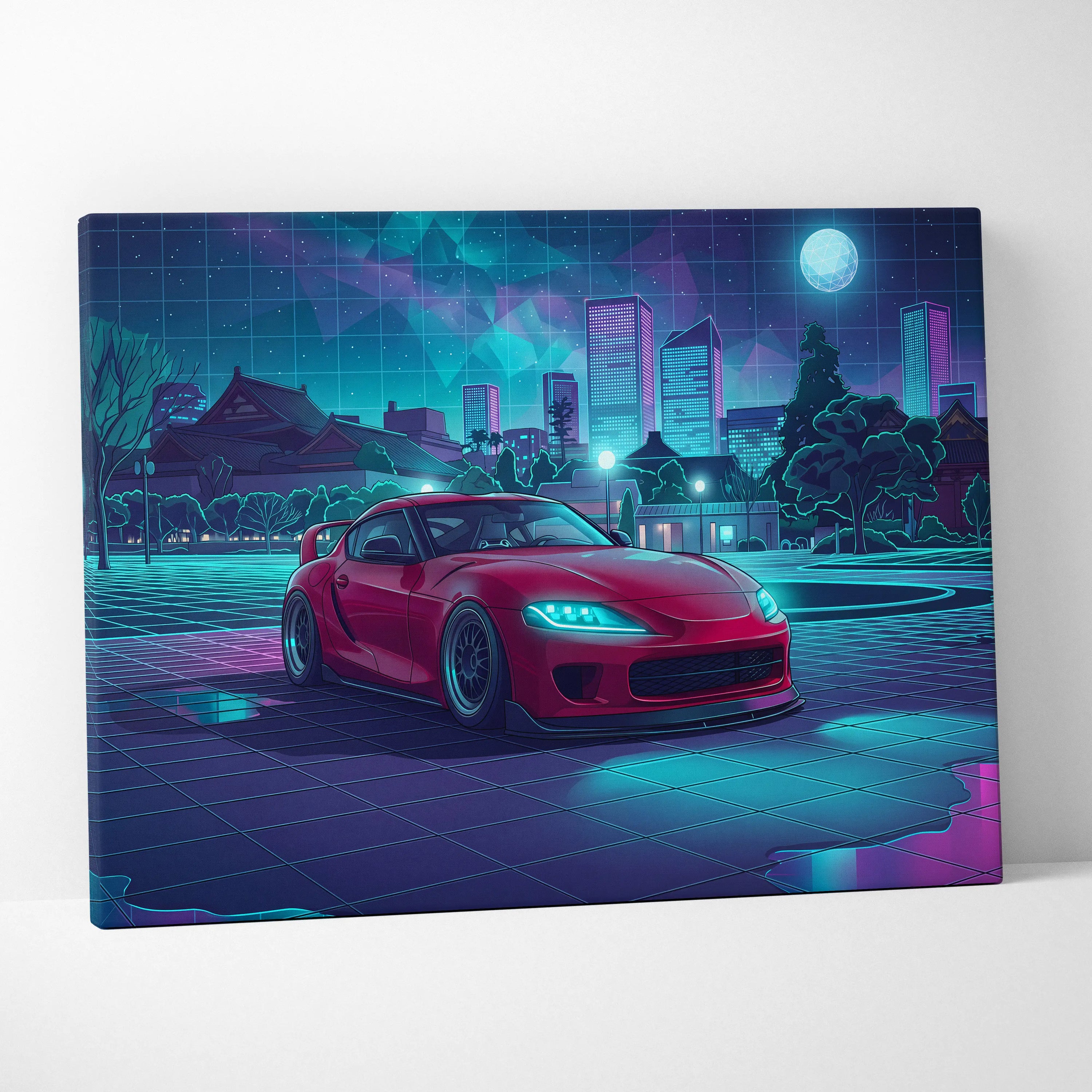 Toyota Supra MK5 Inspired Red Teal Canvas Wall Art Vaporwave JDM Sports Car Artwork Neon City Garage Decor Retro Futuristic Night Print