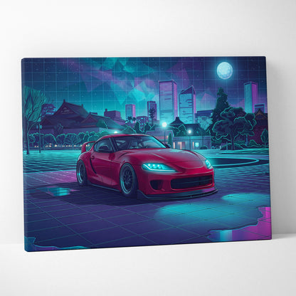 Toyota Supra MK5 Inspired Red Teal Canvas Wall Art Vaporwave JDM Sports Car Artwork Neon City Garage Decor Retro Futuristic Night Print