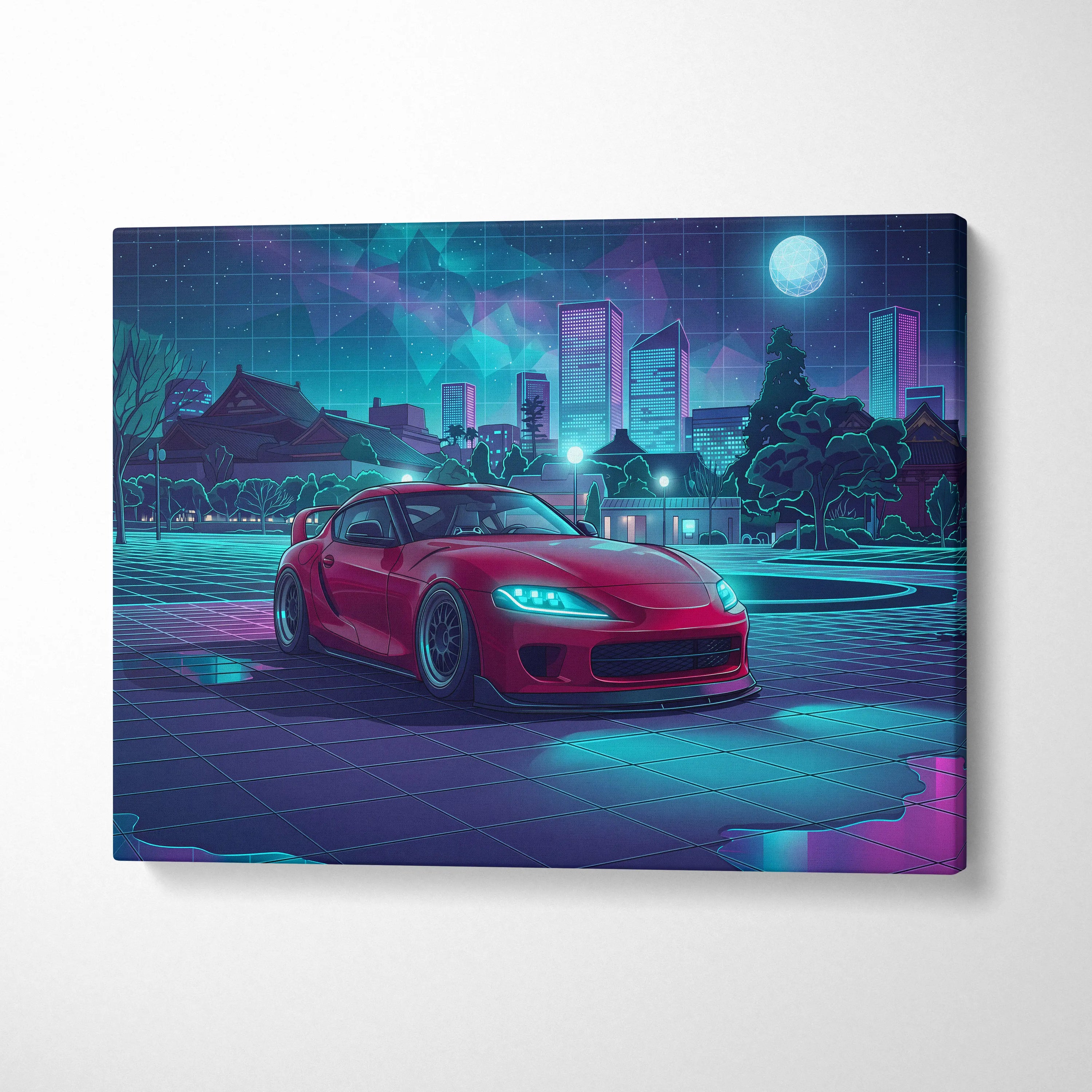 Toyota Supra MK5 Inspired Red Teal Canvas Wall Art Vaporwave JDM Sports Car Artwork Neon City Garage Decor Retro Futuristic Night Print