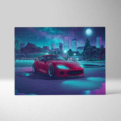 Toyota Supra MK5 Inspired Red Teal Canvas Wall Art Vaporwave JDM Sports Car Artwork Neon City Garage Decor Retro Futuristic Night Print