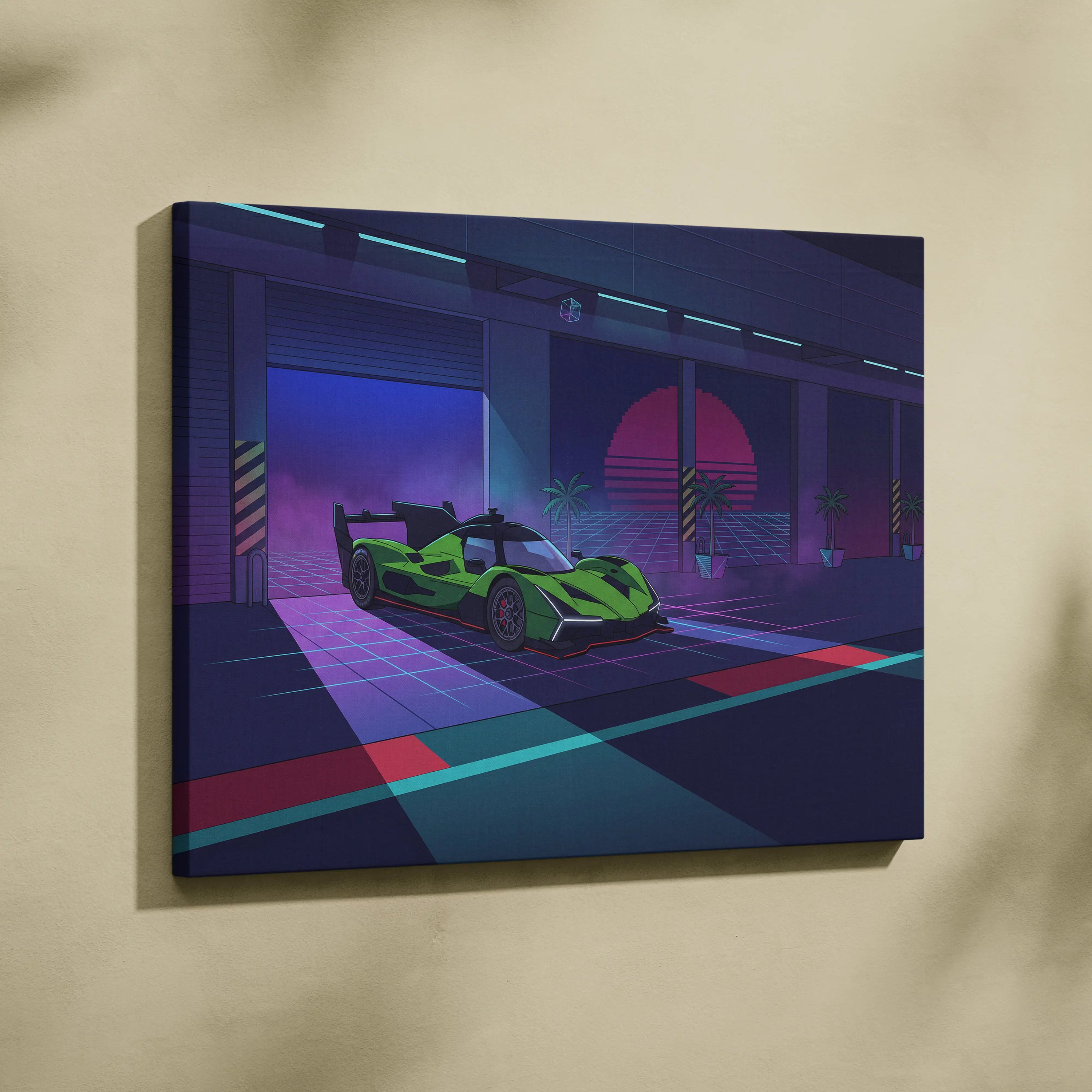 Lamborghini SC63 Inspired Green Purple Canvas Wall Art, Neon Vaporwave Hypercar Artwork for Modern Garage Decor