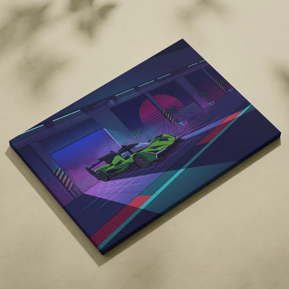 Lamborghini SC63 Inspired Green Purple Canvas Wall Art, Neon Vaporwave Hypercar Artwork for Modern Garage Decor