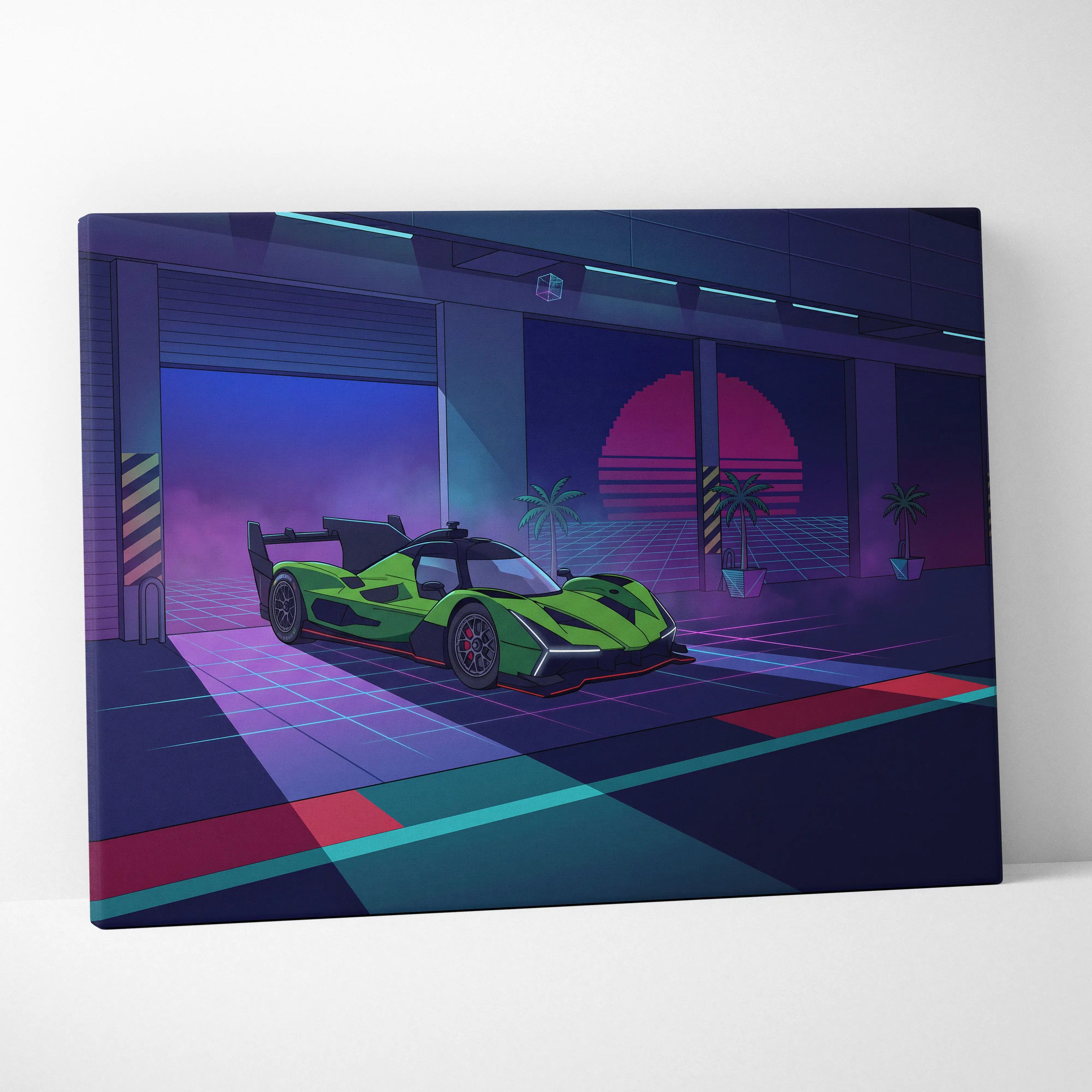 Lamborghini SC63 Inspired Green Purple Canvas Wall Art, Neon Vaporwave Hypercar Artwork for Modern Garage Decor