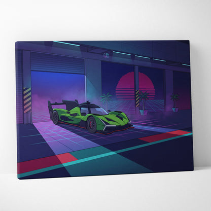 Lamborghini SC63 Inspired Green Purple Canvas Wall Art, Neon Vaporwave Hypercar Artwork for Modern Garage Decor