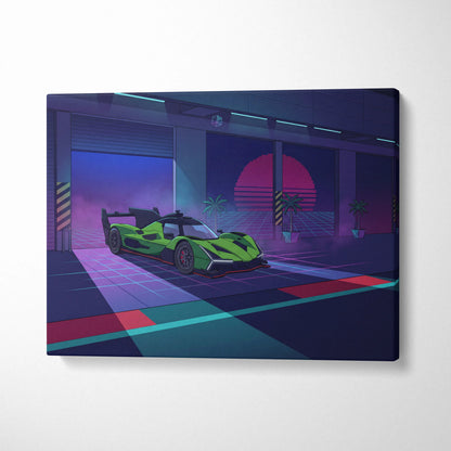 Lamborghini SC63 Inspired Green Purple Canvas Wall Art, Neon Vaporwave Hypercar Artwork for Modern Garage Decor