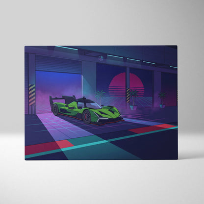 Lamborghini SC63 Inspired Green Purple Canvas Wall Art, Neon Vaporwave Hypercar Artwork for Modern Garage Decor