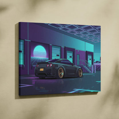 Nissan GT-R R35 Inspired Gray Teal Canvas Wall Art, Vaporwave JDM Supercar Artwork, Neon Garage Decor, Retro Futuristic Auto Print