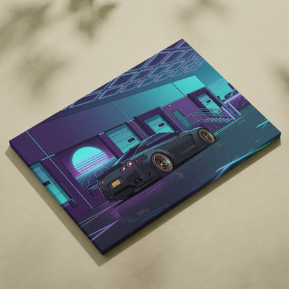 Nissan GT-R R35 Inspired Gray Teal Canvas Wall Art, Vaporwave JDM Supercar Artwork, Neon Garage Decor, Retro Futuristic Auto Print