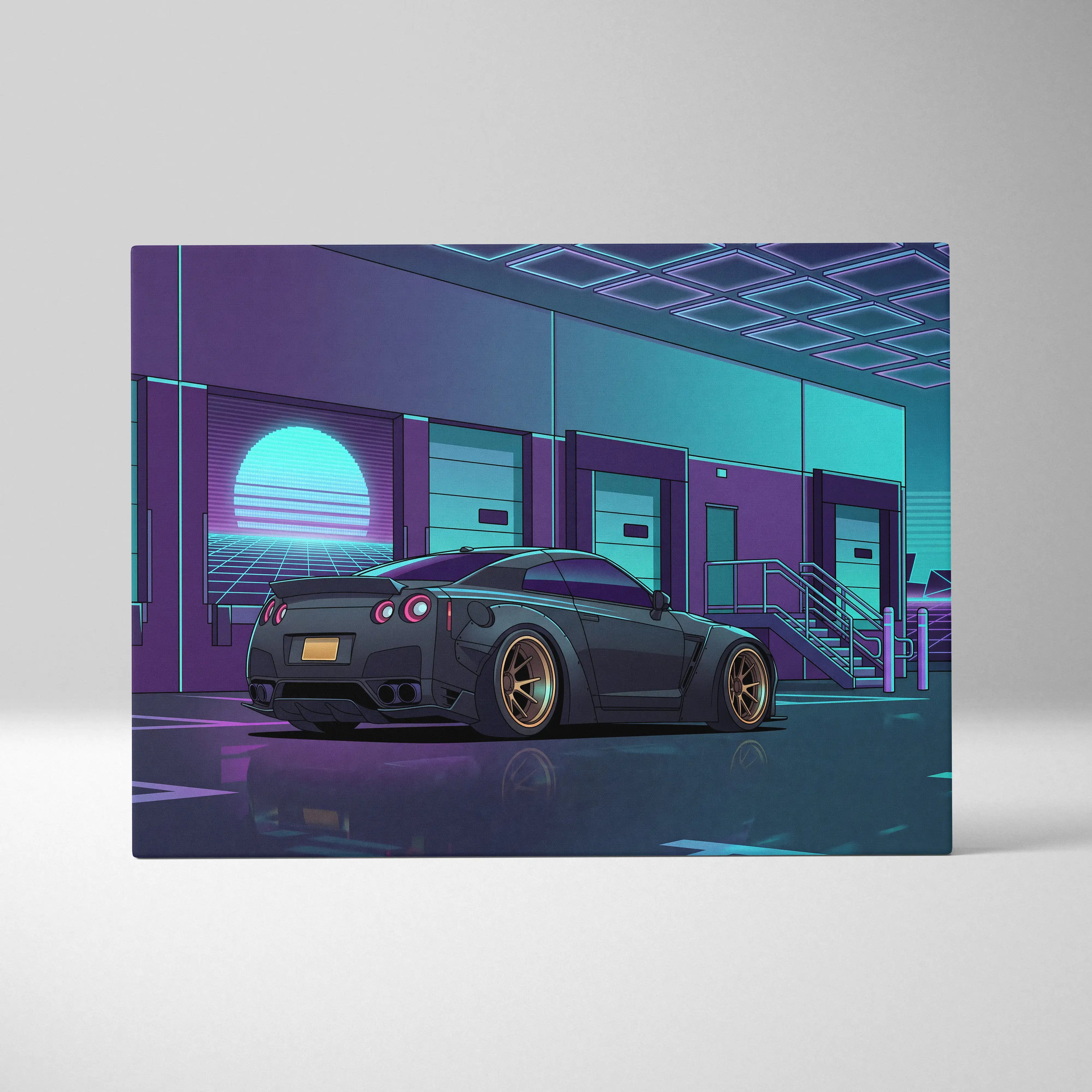 Nissan GT-R R35 Inspired Gray Teal Canvas Wall Art, Vaporwave JDM Supercar Artwork, Neon Garage Decor, Retro Futuristic Auto Print
