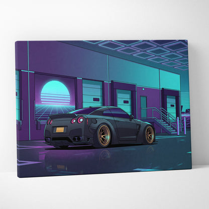 Nissan GT-R R35 Inspired Gray Teal Canvas Wall Art, Vaporwave JDM Supercar Artwork, Neon Garage Decor, Retro Futuristic Auto Print