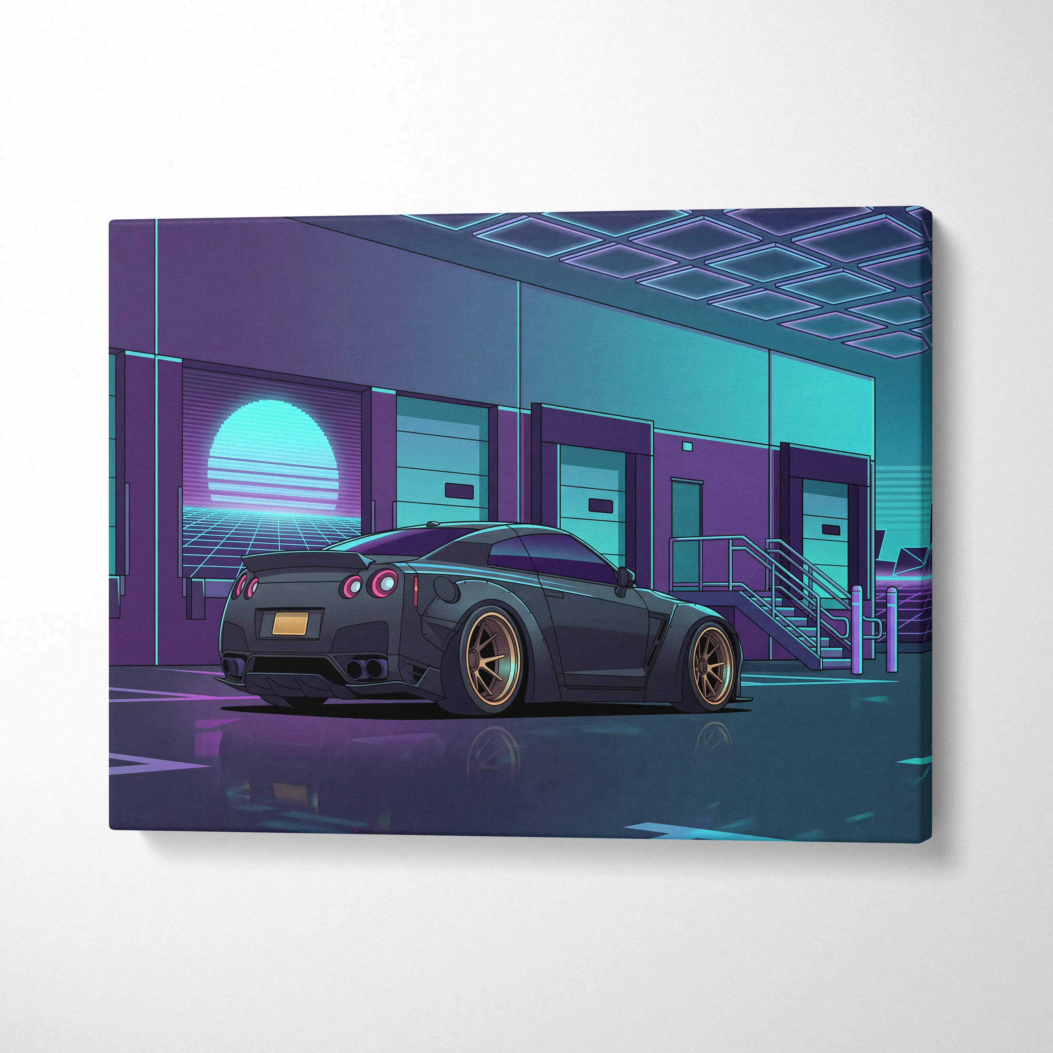 Nissan GT-R R35 Inspired Gray Teal Canvas Wall Art, Vaporwave JDM Supercar Artwork, Neon Garage Decor, Retro Futuristic Auto Print