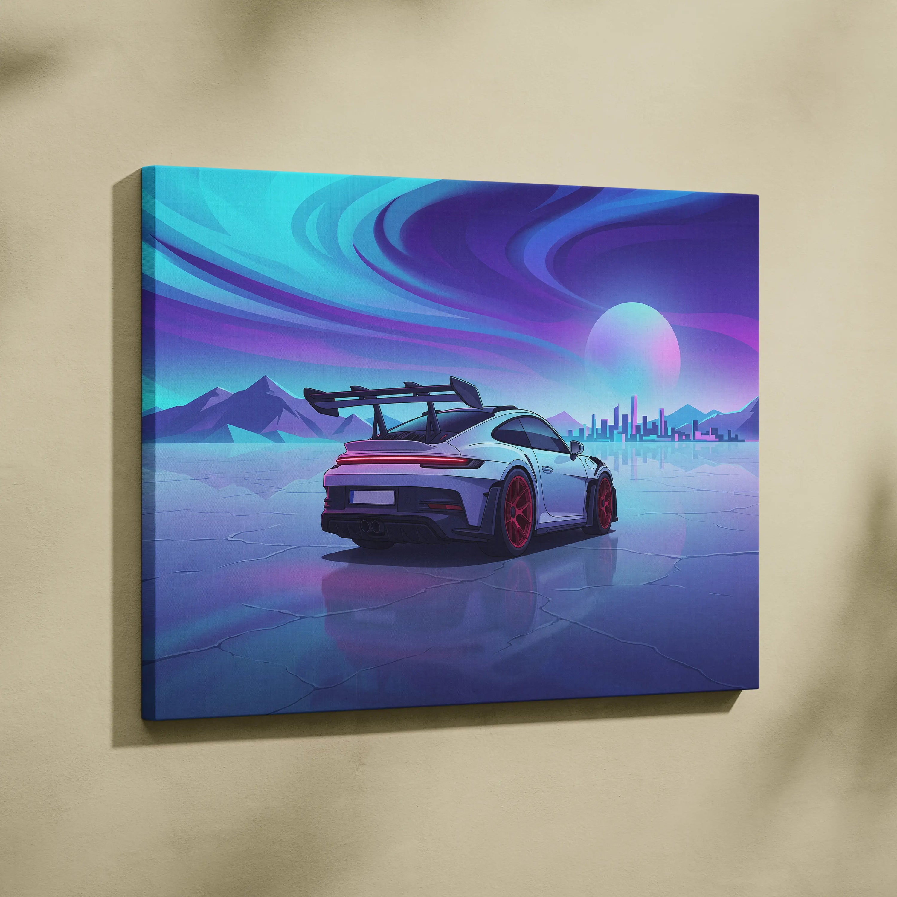 Porsche 911 GT3 RS Inspired White Blue Canvas Wall Art, Vaporwave Track Car Artwork, Neon Sunset Garage Decor, Retro Futuristic Motorsport Print
