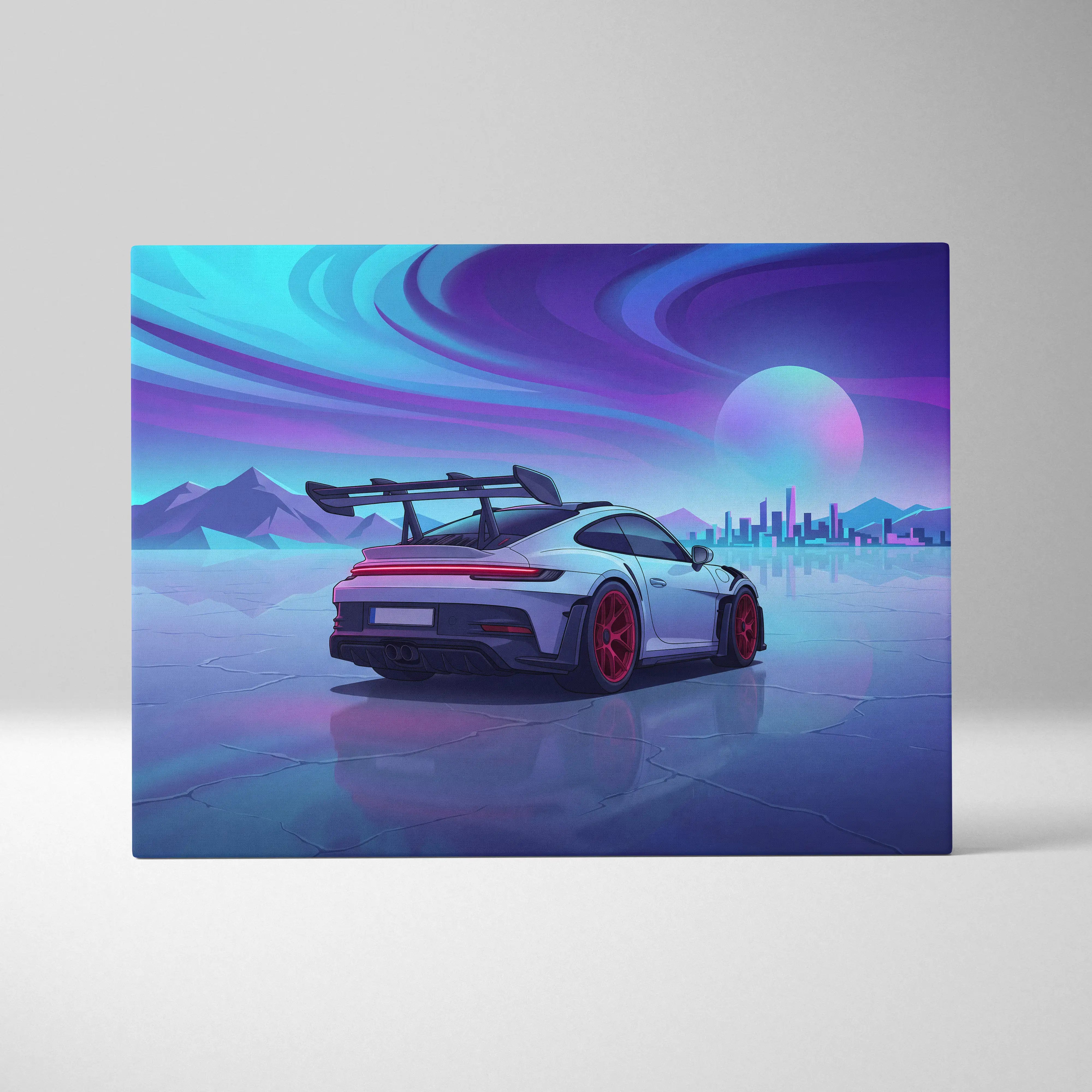 Porsche 911 GT3 RS Inspired White Blue Canvas Wall Art, Vaporwave Track Car Artwork, Neon Sunset Garage Decor, Retro Futuristic Motorsport Print