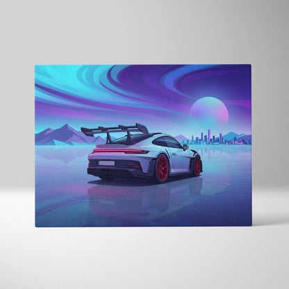 Porsche 911 GT3 RS Inspired White Blue Canvas Wall Art, Vaporwave Track Car Artwork, Neon Sunset Garage Decor, Retro Futuristic Motorsport Print