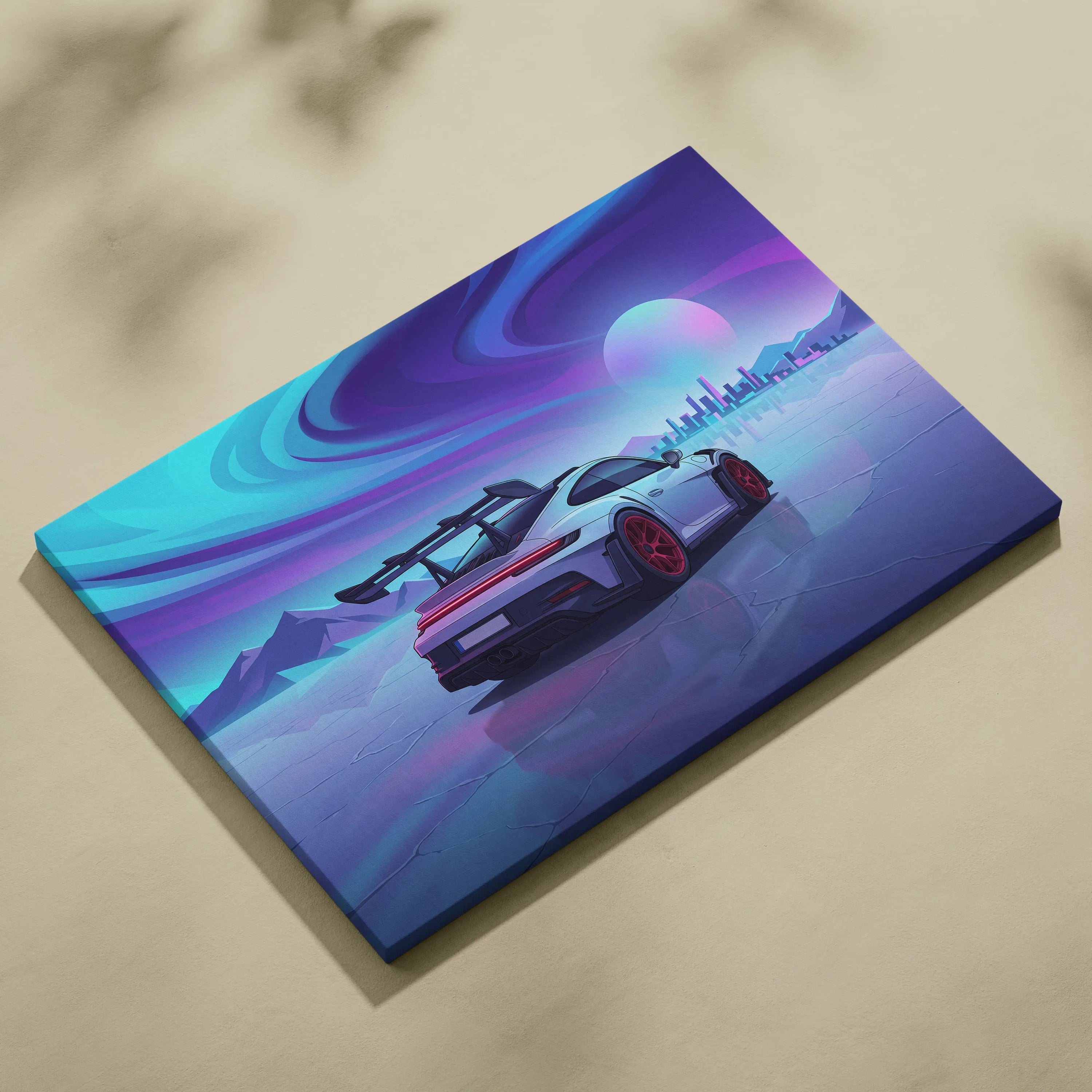 Porsche 911 GT3 RS Inspired White Blue Canvas Wall Art, Vaporwave Track Car Artwork, Neon Sunset Garage Decor, Retro Futuristic Motorsport Print