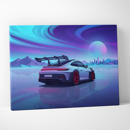 Porsche 911 GT3 RS Inspired White Blue Canvas Wall Art, Vaporwave Track Car Artwork, Neon Sunset Garage Decor, Retro Futuristic Motorsport Print