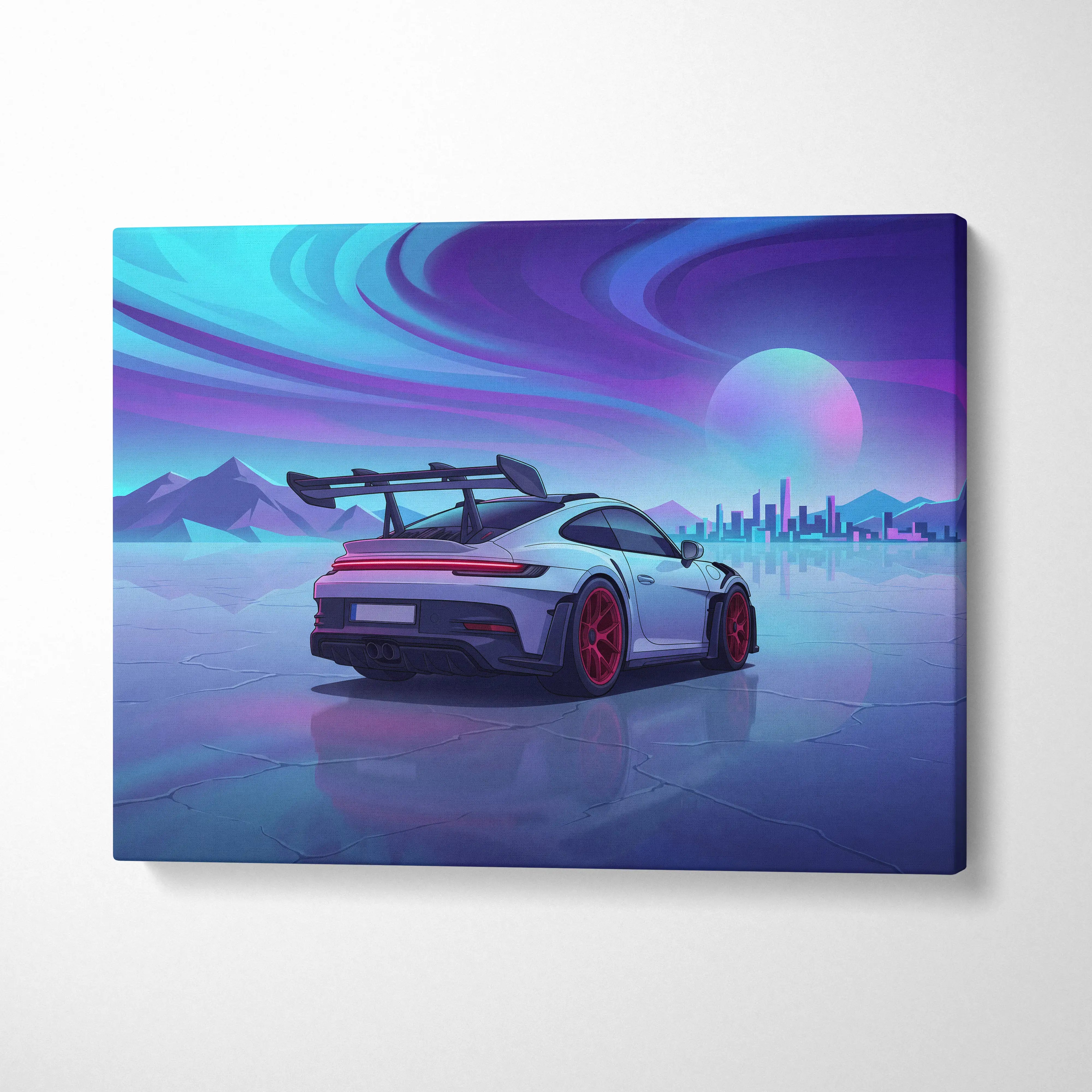 Porsche 911 GT3 RS Inspired White Blue Canvas Wall Art, Vaporwave Track Car Artwork, Neon Sunset Garage Decor, Retro Futuristic Motorsport Print