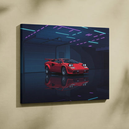 Lamborghini Countach Inspired Red Blue Canvas Wall Art, Vaporwave Supercar Artwork, Neon Garage Decor, Retro Futuristic Exotic Car Print