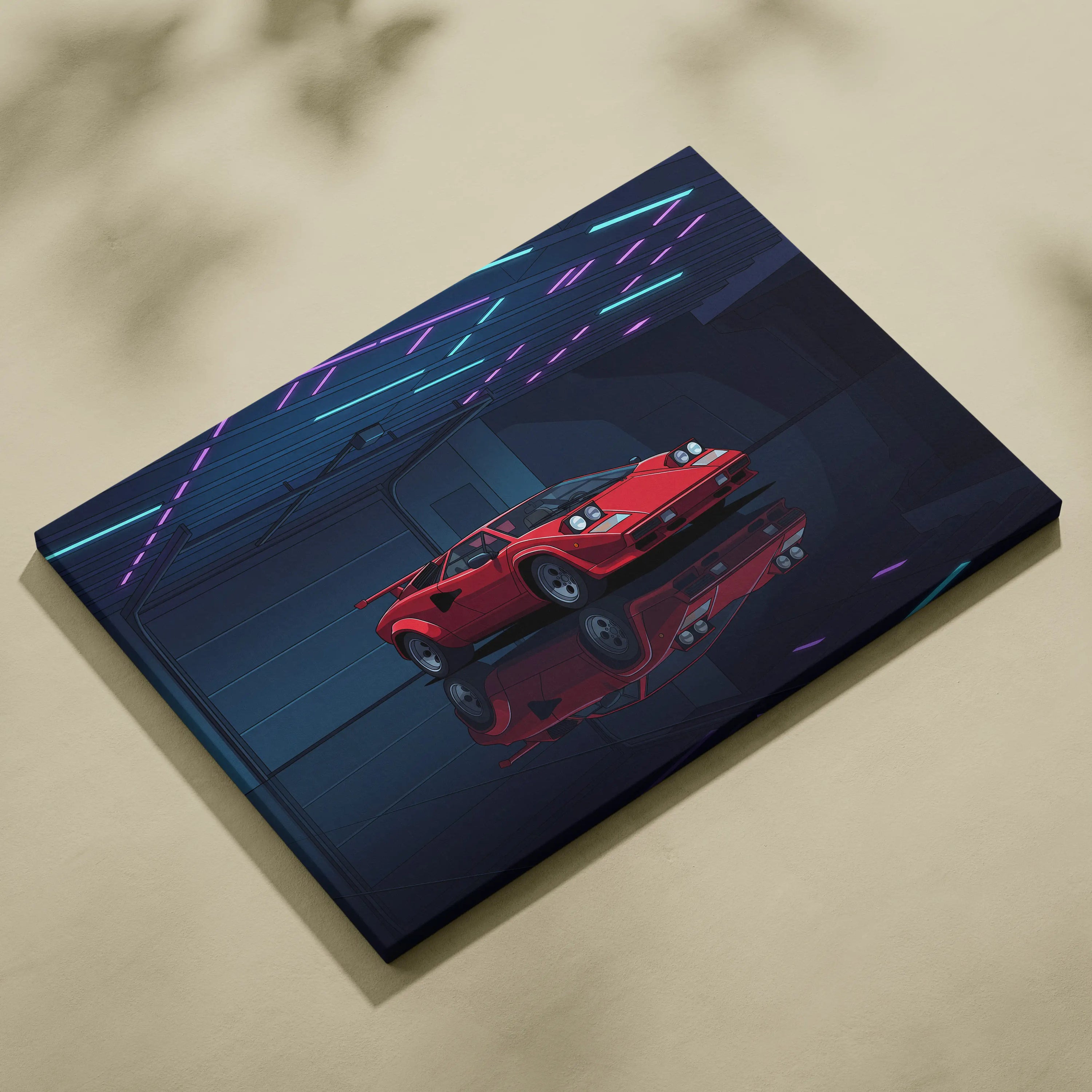 Lamborghini Countach Inspired Red Blue Canvas Wall Art, Vaporwave Supercar Artwork, Neon Garage Decor, Retro Futuristic Exotic Car Print