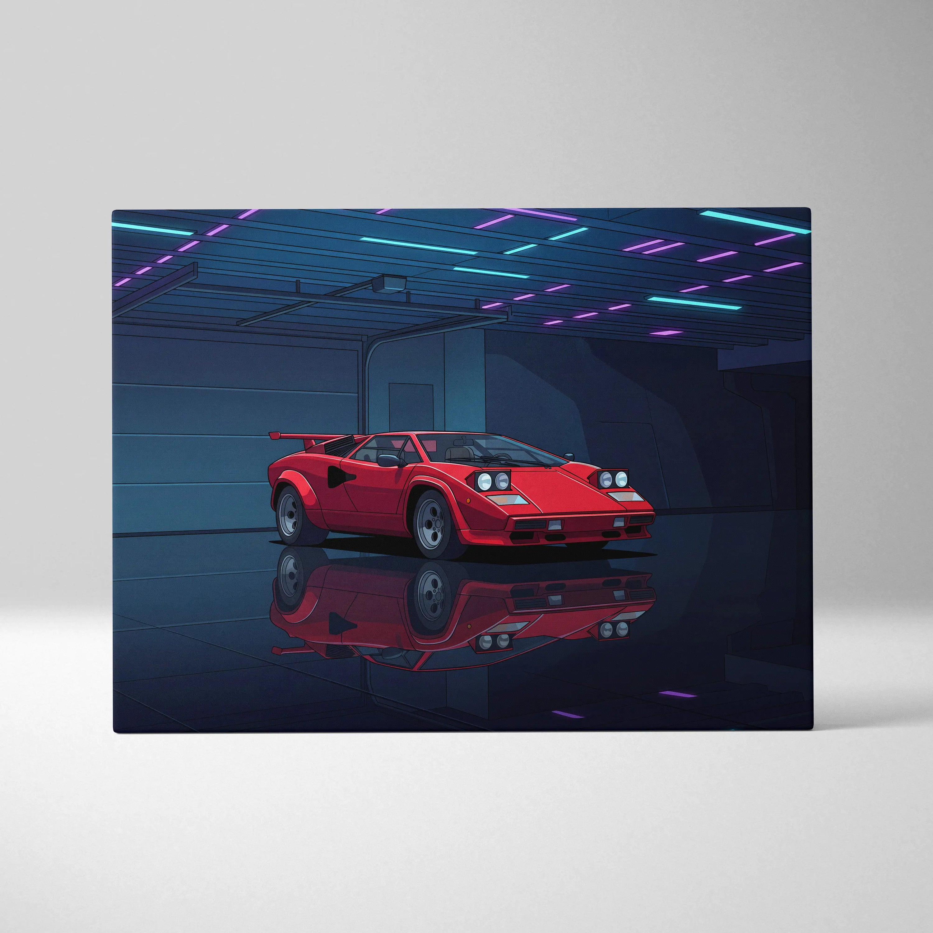 Lamborghini Countach Inspired Red Blue Canvas Wall Art, Vaporwave Supercar Artwork, Neon Garage Decor, Retro Futuristic Exotic Car Print