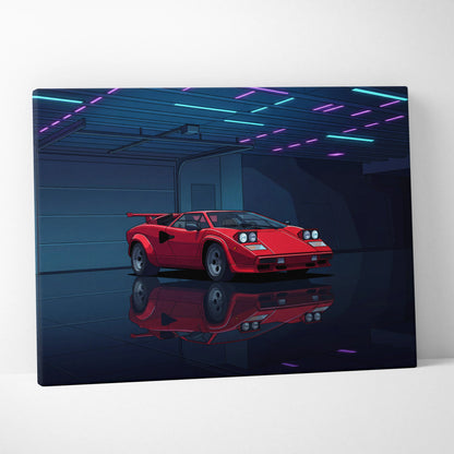 Lamborghini Countach Inspired Red Blue Canvas Wall Art, Vaporwave Supercar Artwork, Neon Garage Decor, Retro Futuristic Exotic Car Print