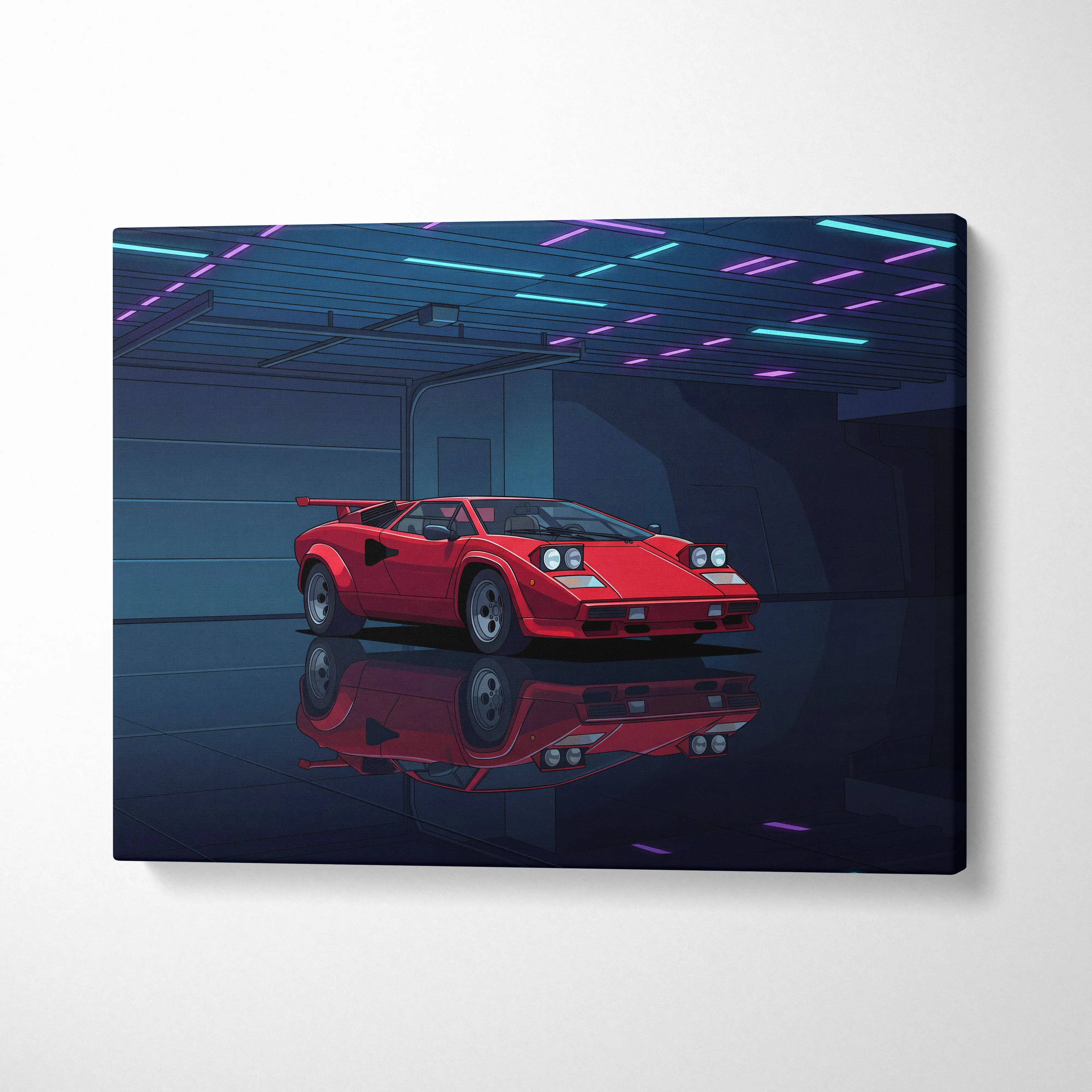 Lamborghini Countach Inspired Red Blue Canvas Wall Art, Vaporwave Supercar Artwork, Neon Garage Decor, Retro Futuristic Exotic Car Print