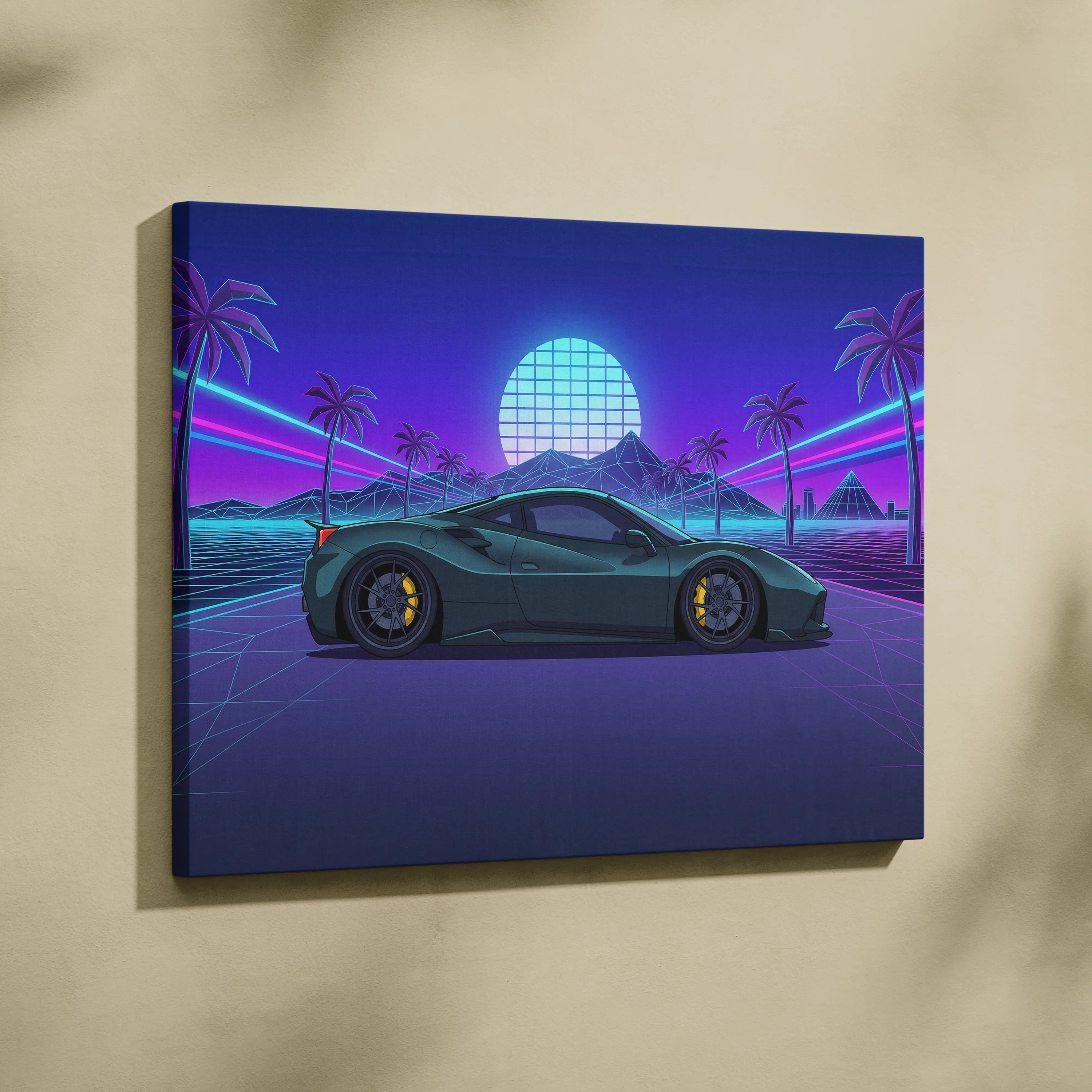 Ferrari 488 Inspired Teal Purple Canvas Wall Art, Vaporwave Supercar Artwork, Neon Palm Garage Decor, Retro Futuristic Exotic Car Print
