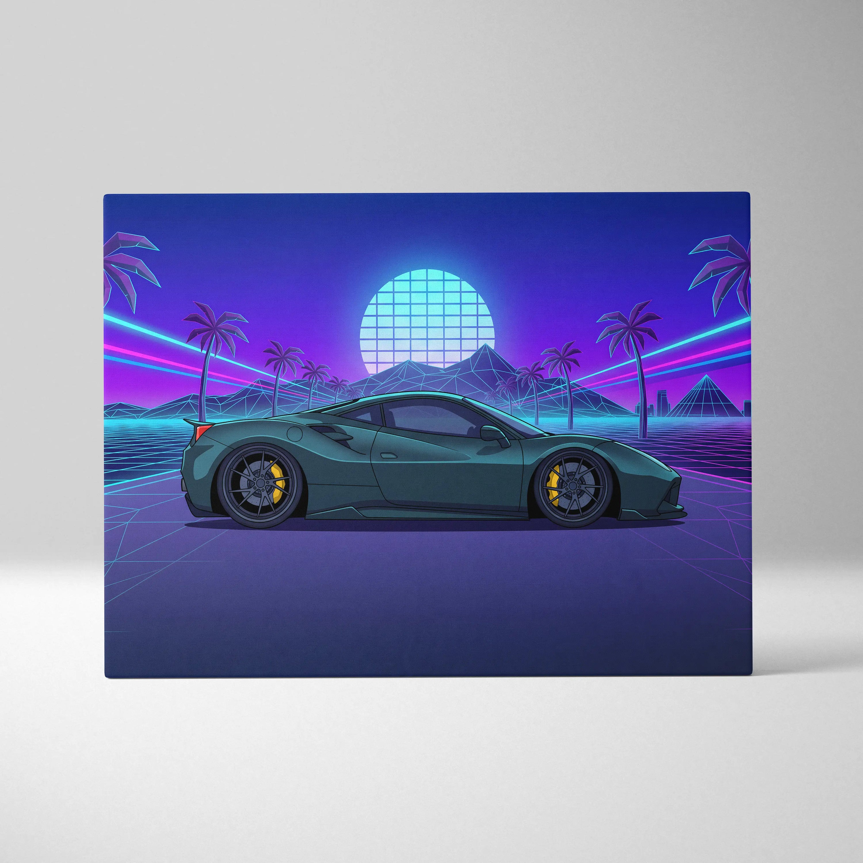 Ferrari 488 Inspired Teal Purple Canvas Wall Art, Vaporwave Supercar Artwork, Neon Palm Garage Decor, Retro Futuristic Exotic Car Print