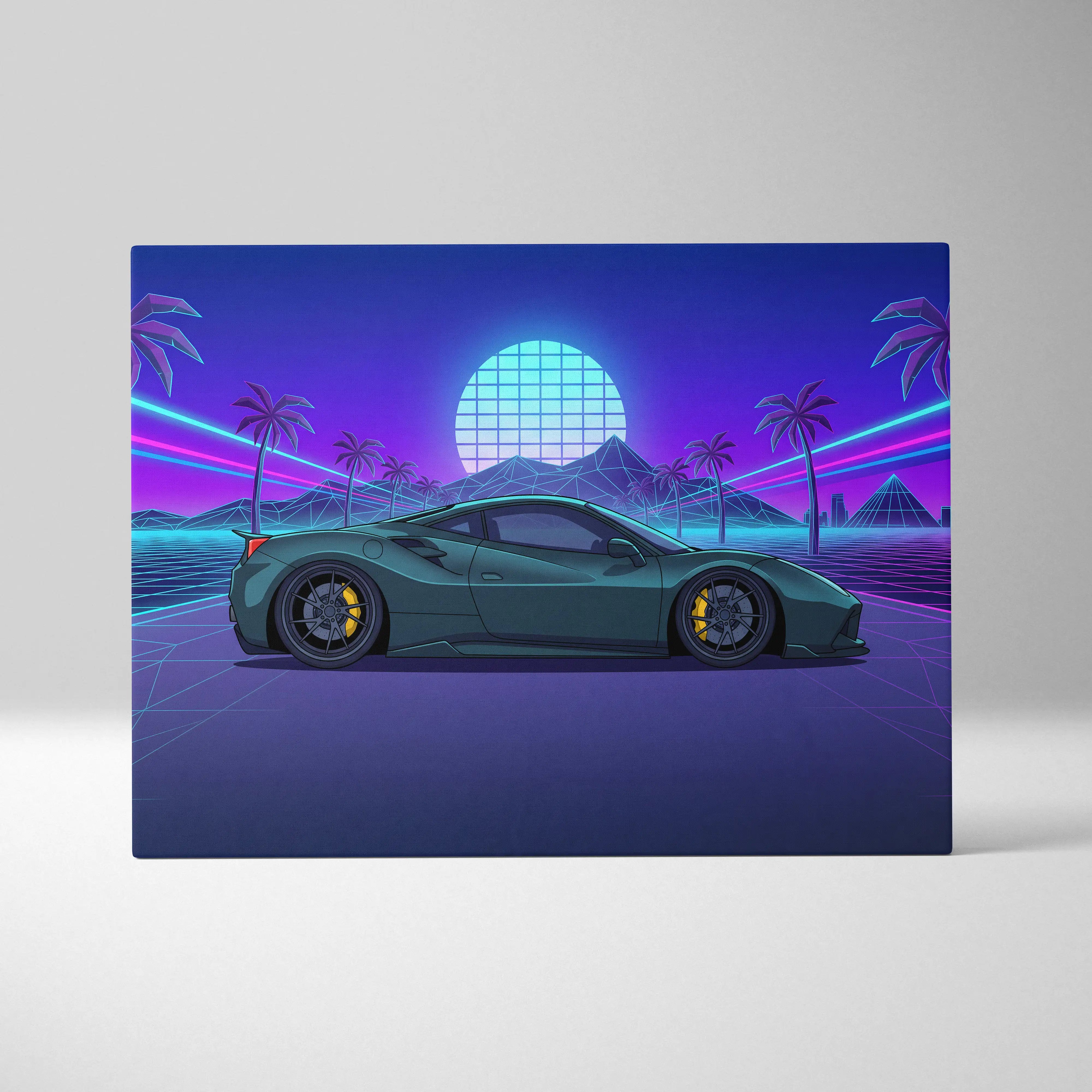 Ferrari 488 Inspired Teal Purple Canvas Wall Art, Vaporwave Supercar Artwork, Neon Palm Garage Decor, Retro Futuristic Exotic Car Print
