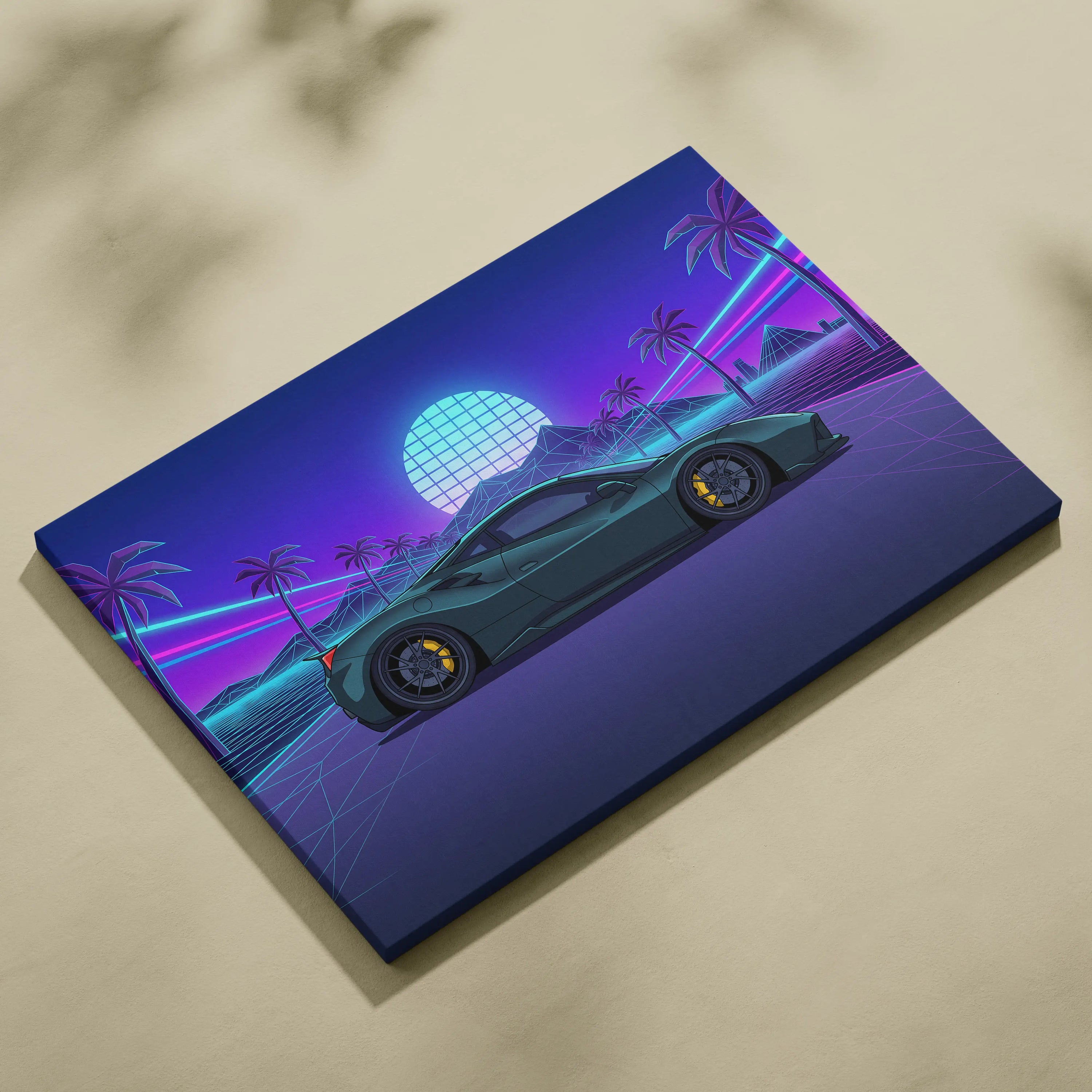 Ferrari 488 Inspired Teal Purple Canvas Wall Art, Vaporwave Supercar Artwork, Neon Palm Garage Decor, Retro Futuristic Exotic Car Print