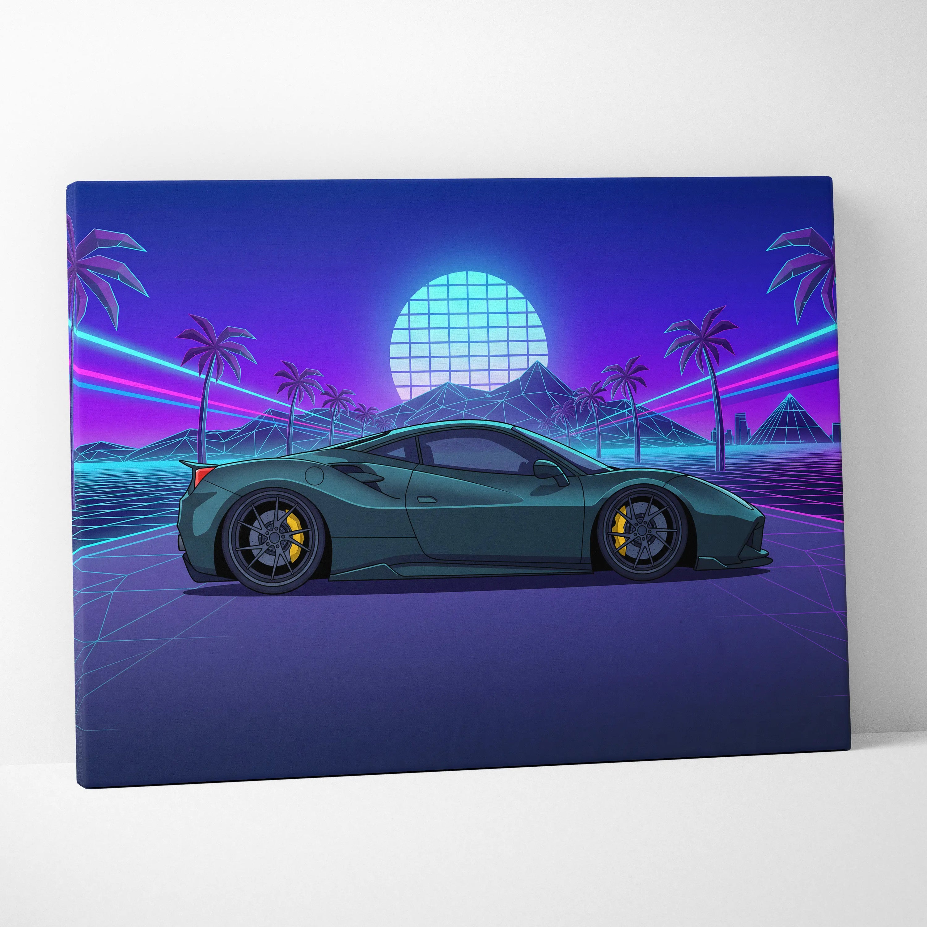 Ferrari 488 Inspired Teal Purple Canvas Wall Art, Vaporwave Supercar Artwork, Neon Palm Garage Decor, Retro Futuristic Exotic Car Print