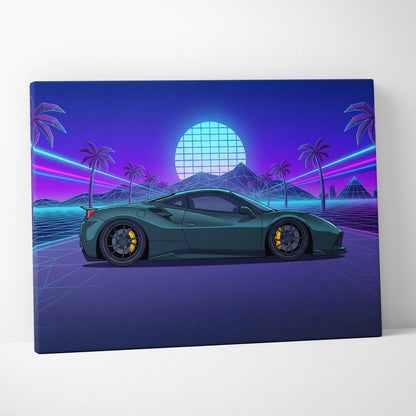 Ferrari 488 Inspired Teal Purple Canvas Wall Art, Vaporwave Supercar Artwork, Neon Palm Garage Decor, Retro Futuristic Exotic Car Print