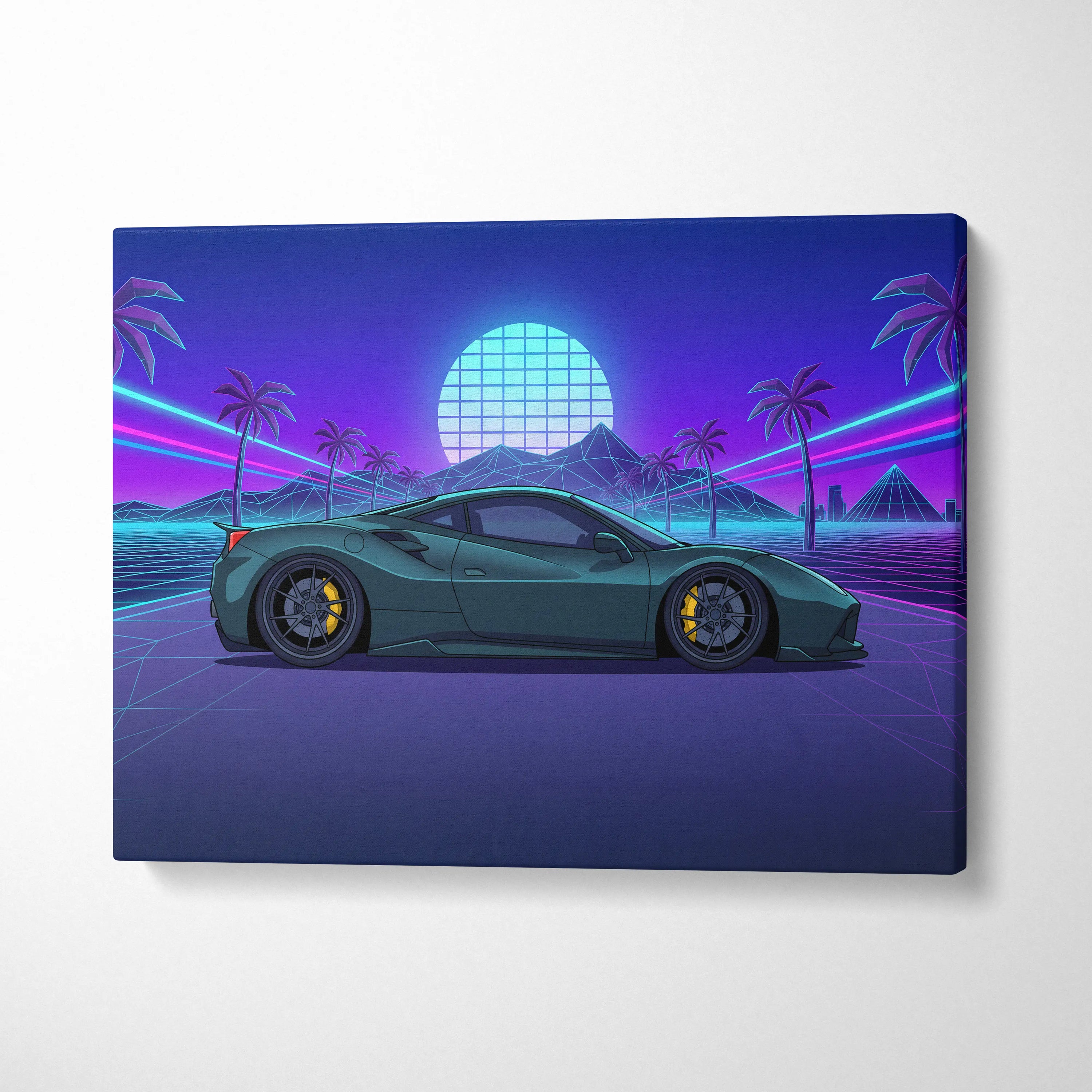 Ferrari 488 Inspired Teal Purple Canvas Wall Art, Vaporwave Supercar Artwork, Neon Palm Garage Decor, Retro Futuristic Exotic Car Print
