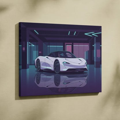 McLaren Speedtail Inspired White Purple Canvas Wall Art, Vaporwave Supercar Artwork, Neon Modern Garage Decor, Retro Futuristic Exotic Print