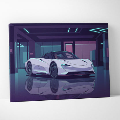McLaren Speedtail Inspired White Purple Canvas Wall Art, Vaporwave Supercar Artwork, Neon Modern Garage Decor, Retro Futuristic Exotic Print
