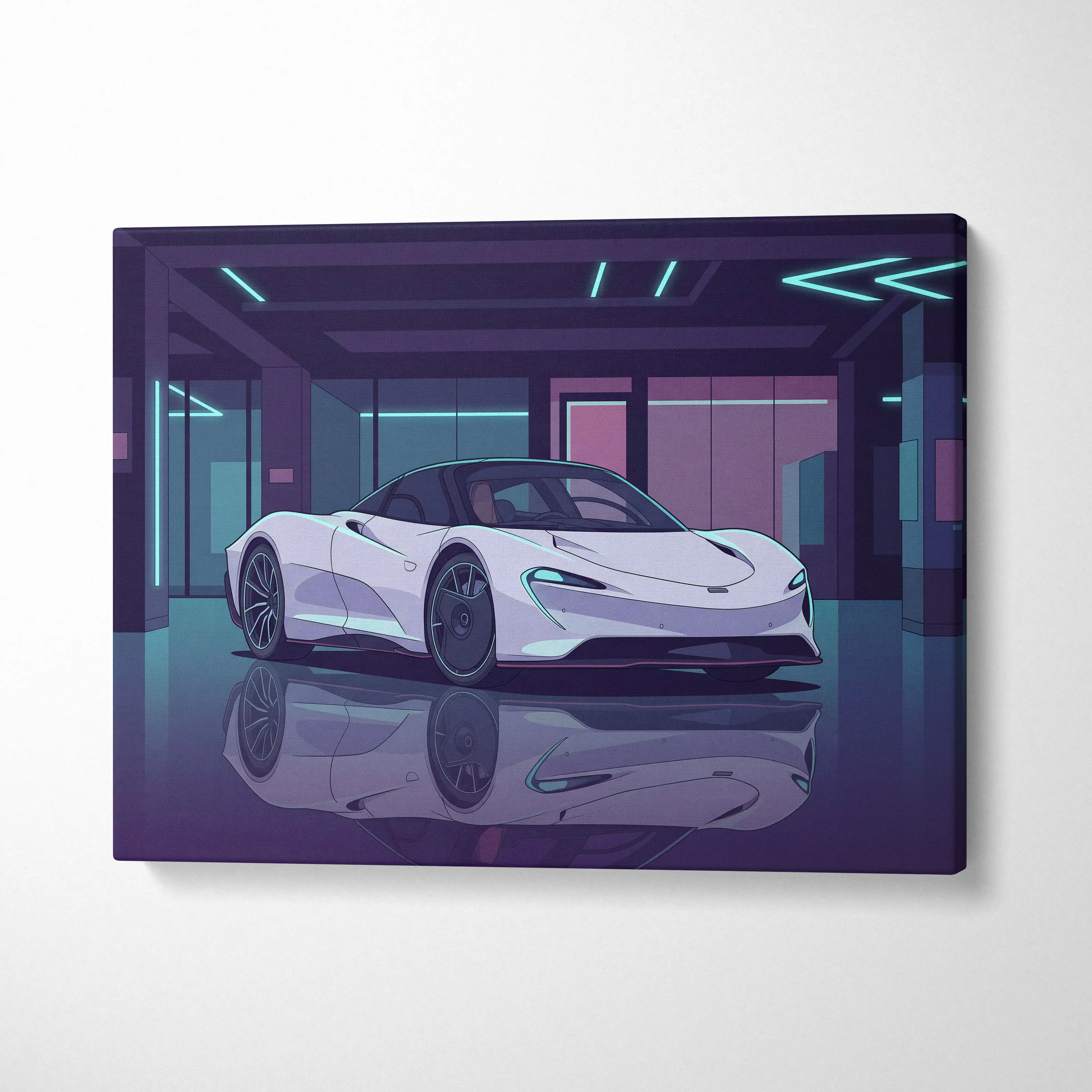 McLaren Speedtail Inspired White Purple Canvas Wall Art, Vaporwave Supercar Artwork, Neon Modern Garage Decor, Retro Futuristic Exotic Print
