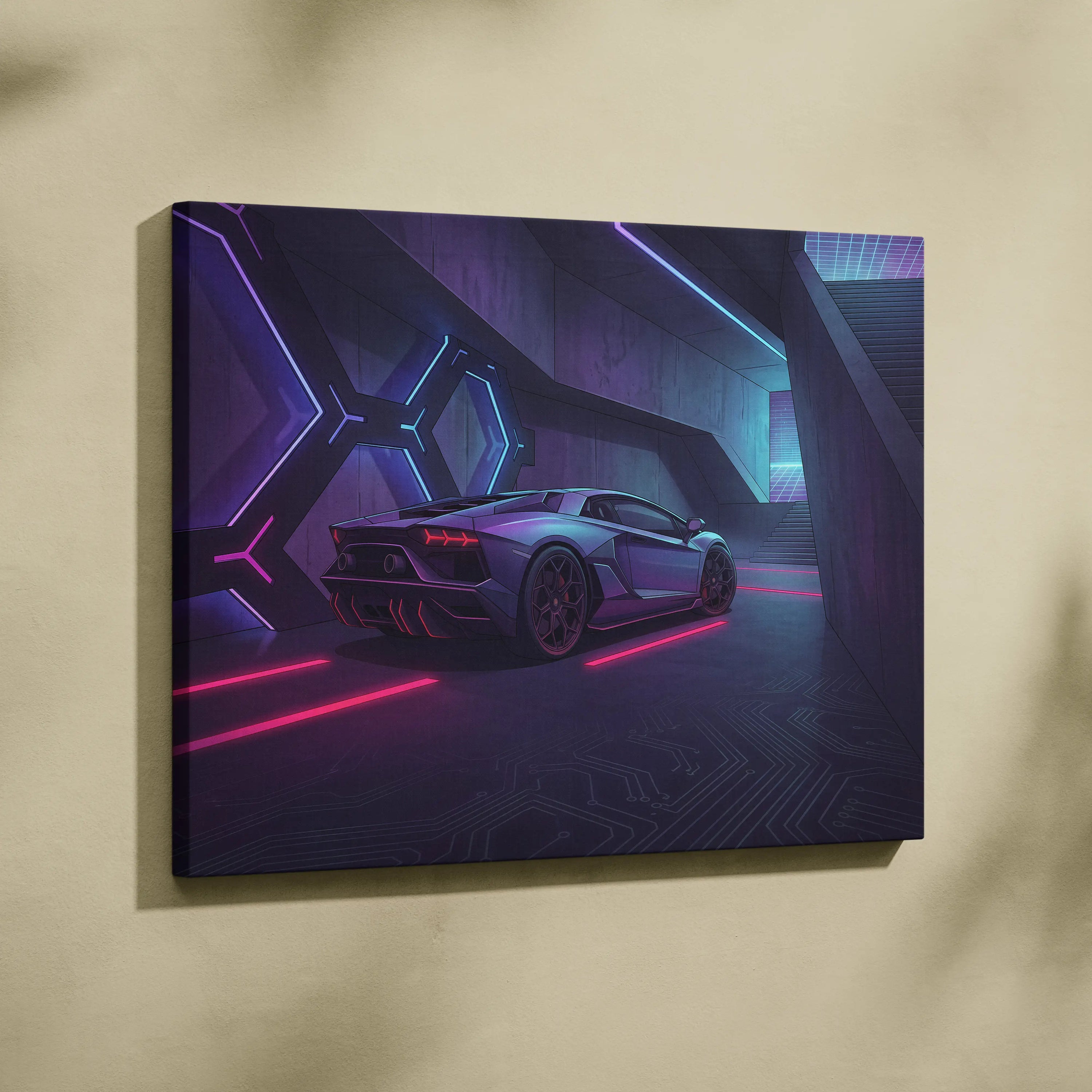 Lamborghini Aventador Inspired Silver Purple Canvas Wall Art, Vaporwave Neon Cyberpunk Garage Decor, Moody Futuristic Supercar Artwork