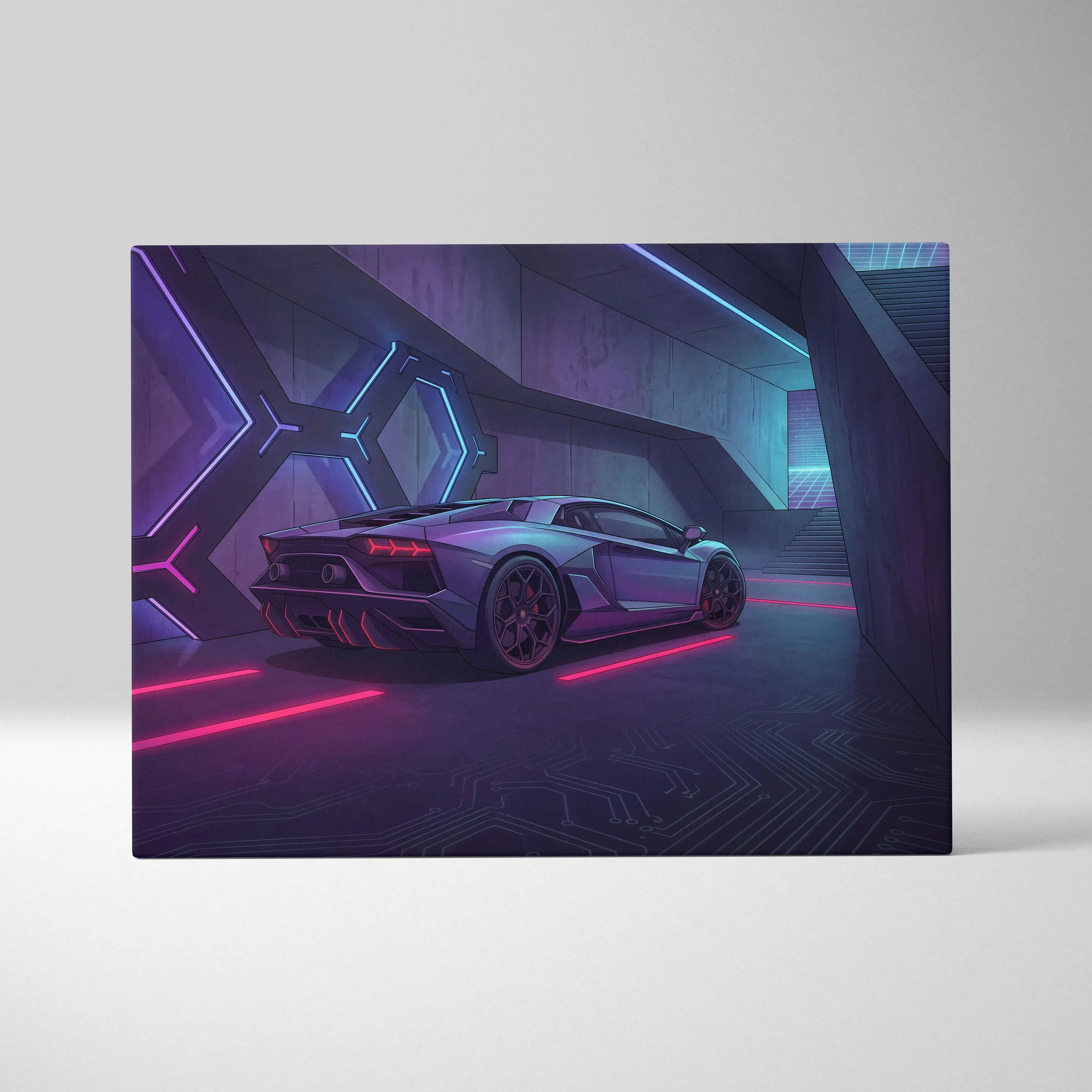 Lamborghini Aventador Inspired Silver Purple Canvas Wall Art, Vaporwave Neon Cyberpunk Garage Decor, Moody Futuristic Supercar Artwork