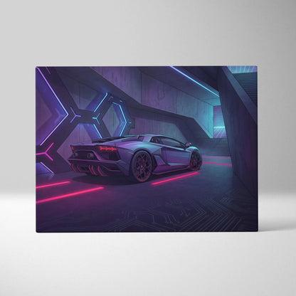 Lamborghini Aventador Inspired Silver Purple Canvas Wall Art, Vaporwave Neon Cyberpunk Garage Decor, Moody Futuristic Supercar Artwork