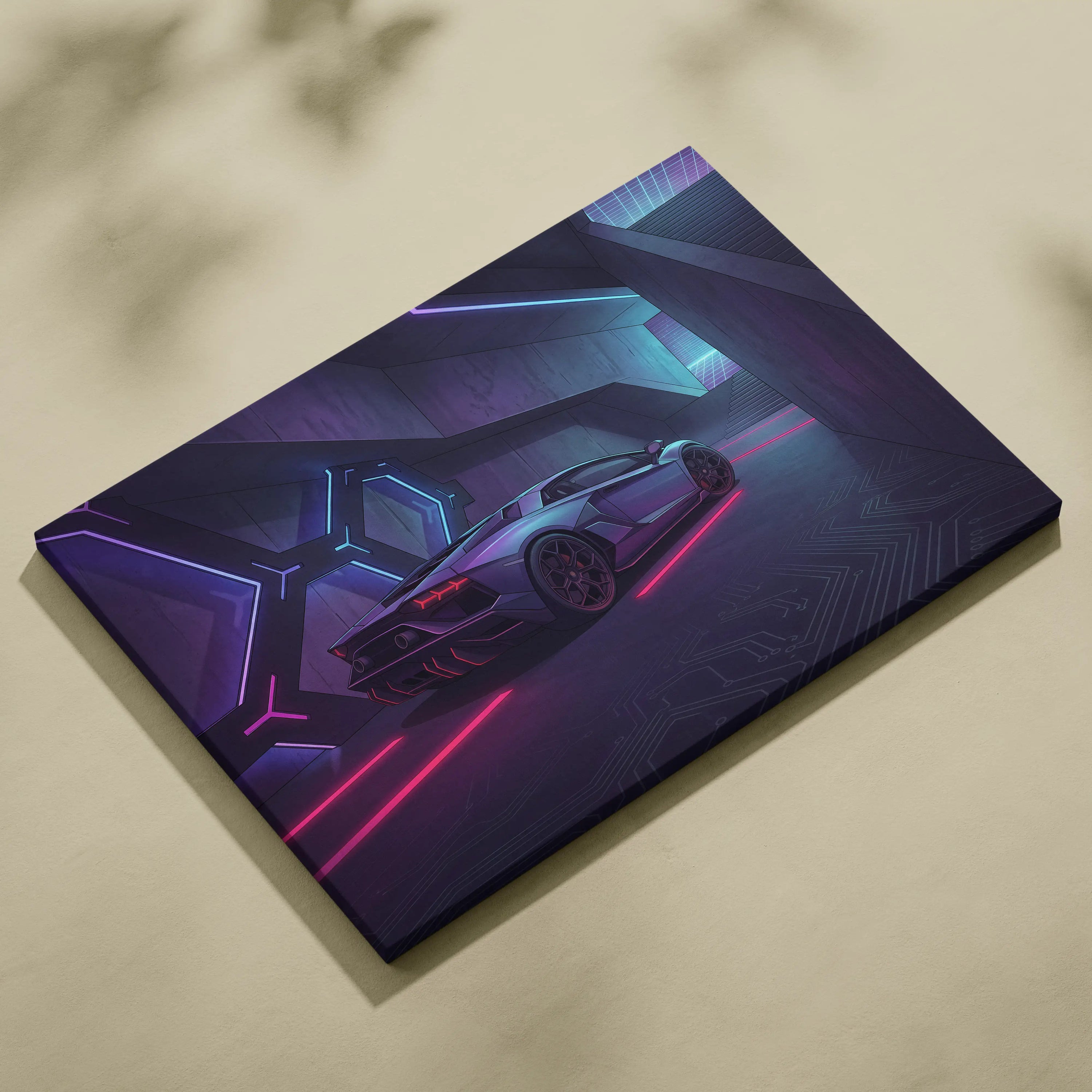 Lamborghini Aventador Inspired Silver Purple Canvas Wall Art, Vaporwave Neon Cyberpunk Garage Decor, Moody Futuristic Supercar Artwork