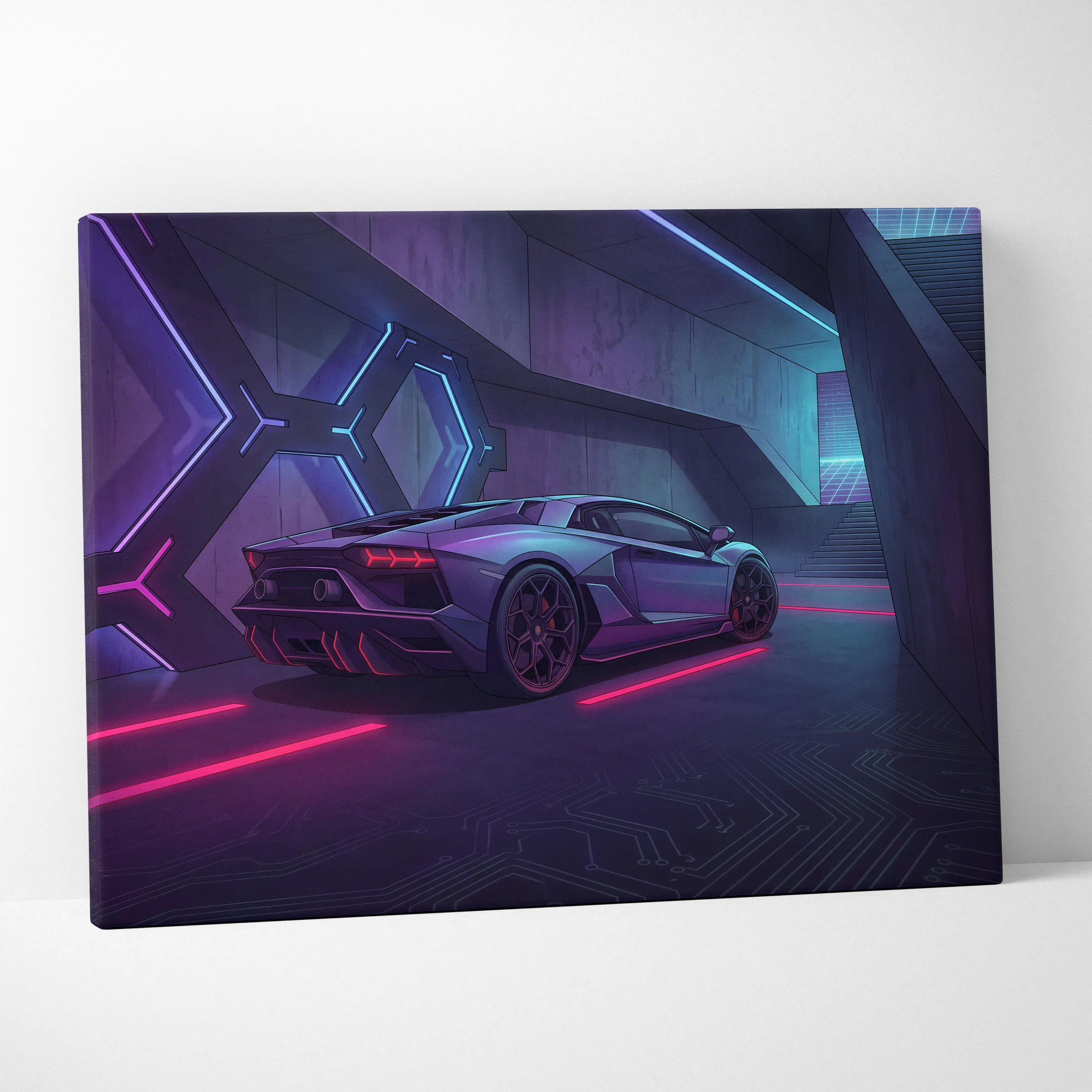 Lamborghini Aventador Inspired Silver Purple Canvas Wall Art, Vaporwave Neon Cyberpunk Garage Decor, Moody Futuristic Supercar Artwork