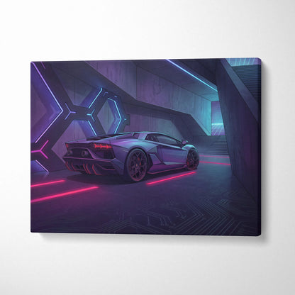 Lamborghini Aventador Inspired Silver Purple Canvas Wall Art, Vaporwave Neon Cyberpunk Garage Decor, Moody Futuristic Supercar Artwork