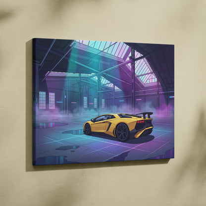 Lamborghini Aventador Inspired Yellow Purple Canvas Wall Art, Vaporwave Supercar Artwork, Neon Garage Decor, Retro Futuristic Exotic Car Print