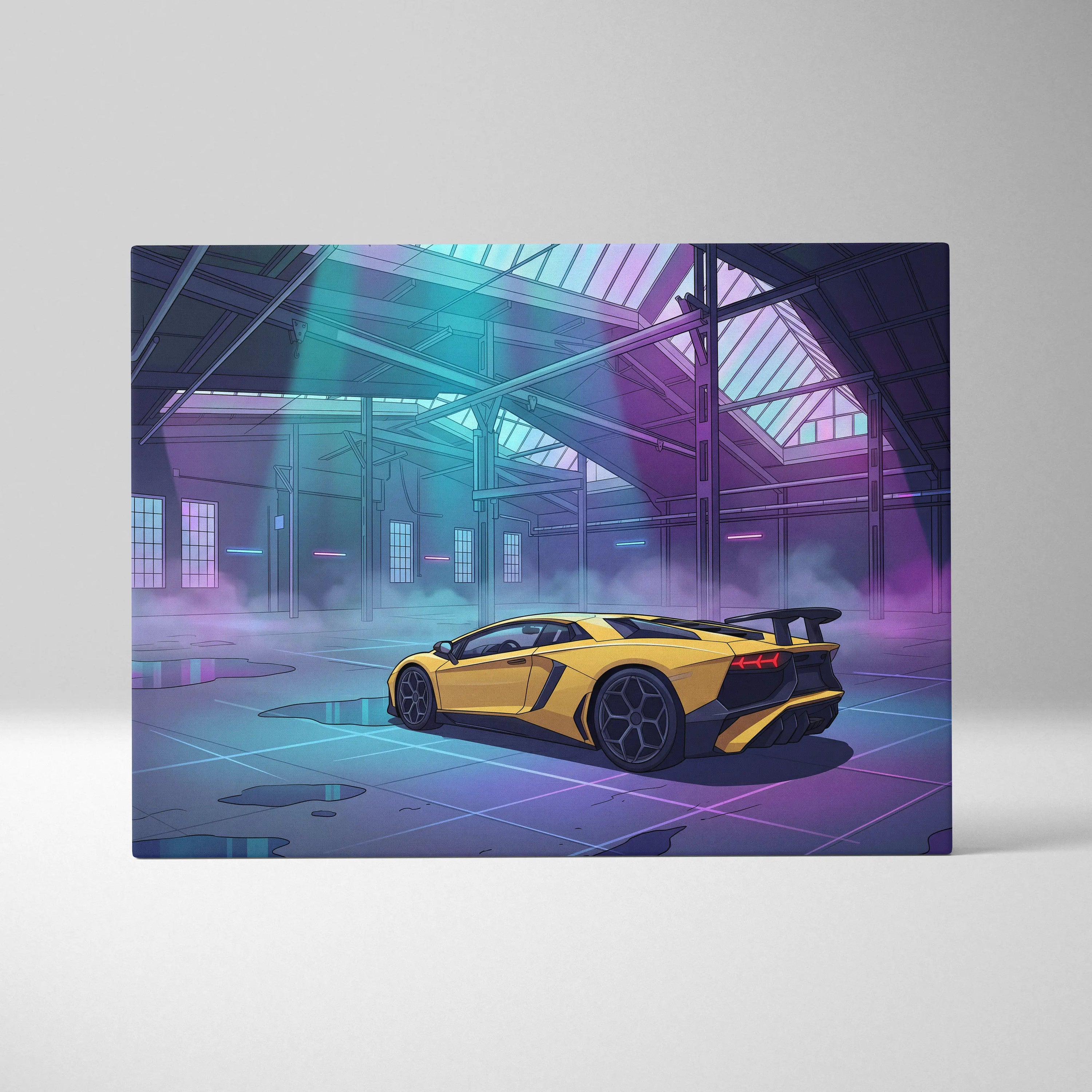 Lamborghini Aventador Inspired Yellow Purple Canvas Wall Art, Vaporwave Supercar Artwork, Neon Garage Decor, Retro Futuristic Exotic Car Print