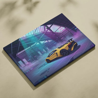 Lamborghini Aventador Inspired Yellow Purple Canvas Wall Art, Vaporwave Supercar Artwork, Neon Garage Decor, Retro Futuristic Exotic Car Print