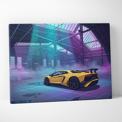 Lamborghini Aventador Inspired Yellow Purple Canvas Wall Art, Vaporwave Supercar Artwork, Neon Garage Decor, Retro Futuristic Exotic Car Print