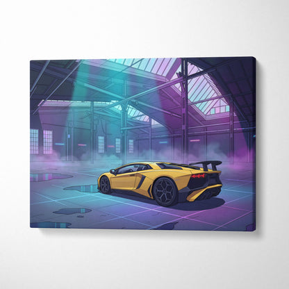 Lamborghini Aventador Inspired Yellow Purple Canvas Wall Art, Vaporwave Supercar Artwork, Neon Garage Decor, Retro Futuristic Exotic Car Print